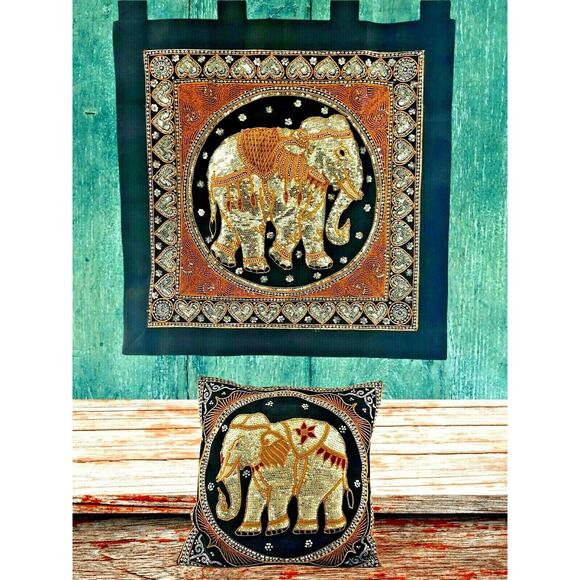 Vintage ELEPHANT Sequined Tapestry Wall Hanging Pillow SET Thai Burmese Kalaga - Picture 1 of 12